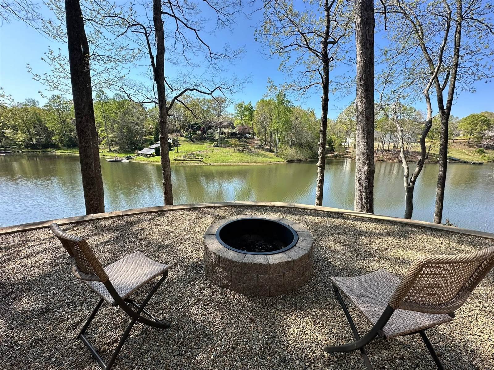 Lakefront fire pit patio overlooking Lake Keowee